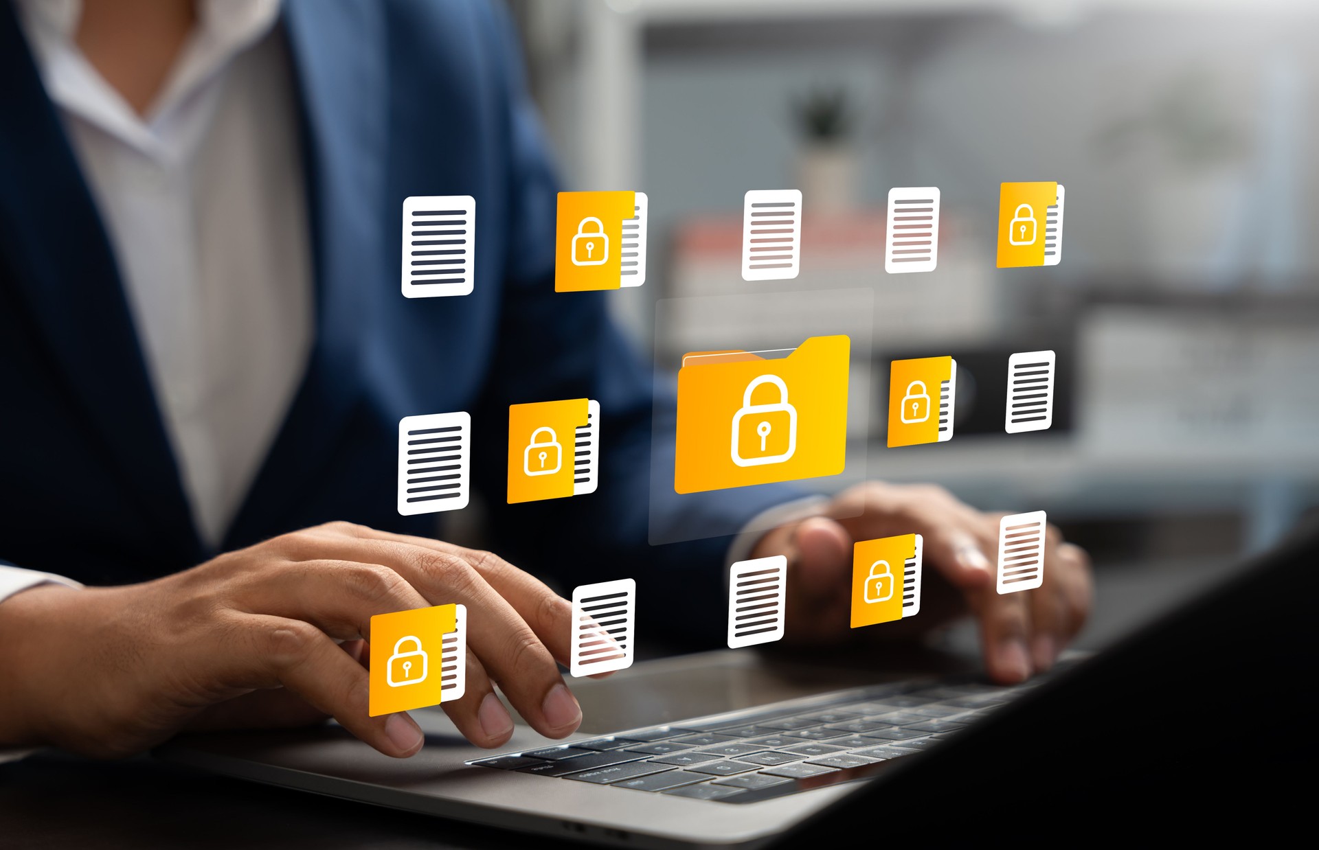 Businessman using laptop to access secure digital folder and document, Cybersecurity, Data privacy, Protected information. Concept of safe file management, encryption,modern digital security systems